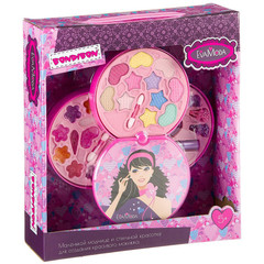 Набор детской декор. косметики Bondibon Eva Moda, BOX 30*26,5*7 см с ручкой; косметичка-диск, 3х-уровневая, раздвижная: крышка-зеркальце поворот на 360о, тени для век 11 оттенков (8,3г), блеск для губ 12 оттенков (9г), 2 аппликатора, лак для ногтей (7,8г)